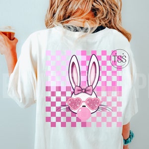 Lapin de Pâques à carreaux soufflant des bulles png lunettes faux paillettes paillettes lapin de Pâques png sublimation téléchargement pour t-shirts preppy png joyeuses pâques