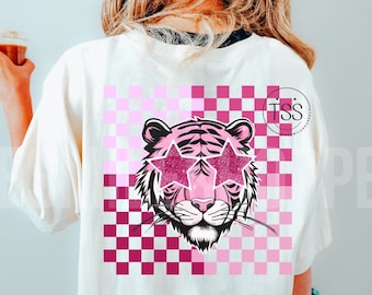 Checkered Tigers Mascot Preppy PNG  Pink Glitter Star Preppy Tigers Shirt School Mascot Sublimation checkered png tiger head Tigers Clip Art