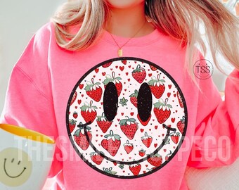 Camiseta retro con cara sonriente de fresa: Mercado de agricultores PNG (descarga digital)