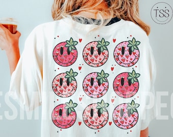 Camiseta retro con cara sonriente de fresa: Mercado de agricultores PNG (descarga digital)