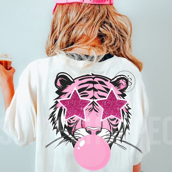 tiger blowing bubble png Tiger PNG Tigers Mascot Preppy PNG Preppy  Mascot PNG Pink Glitter Star Preppy Tigers Shirt Sublimation Design