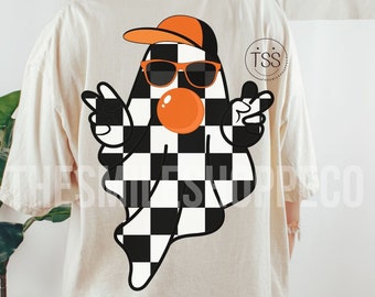 Retro Halloween Ghost PNG: Checkered Ghost Blowing Bubble (Digital Download)