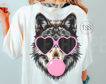 wolf  blowing bubble png colt PNG  wolf  Mascot Preppy PNG Mascot PNG  wolf head with pink heart glasses Shirt Sublimation Design