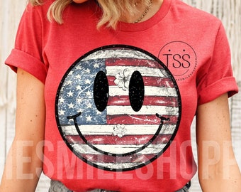 Retro 4th of July Floral Smile PNG: USA Flag Sublimation Design (Digital Download)