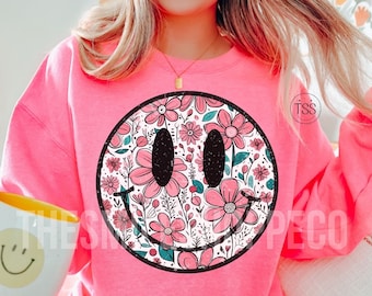 Retro Happy Flowers PNG Vintage sublimatie Distressed Shirt Design glimlach bloemen Boho Groovy Flowers DTF-overdracht Happy Daisy glimlach madeliefje