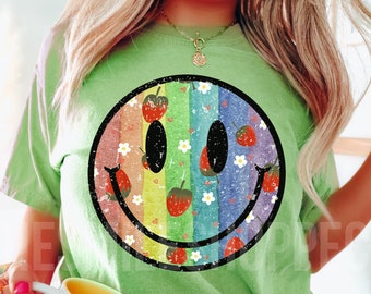 Fresa retro PNG Sonrisa afligida Arco iris bohemio PNG Sensación de baya Diseño de fresa buena Sonrisa cara Diseño de sublimación Descargar afrutado