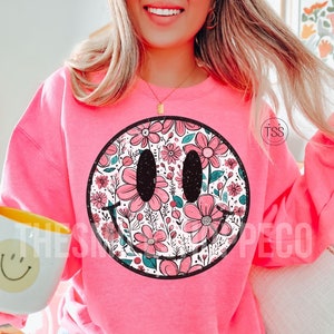 Retro Happy Flowers PNG Vintage Sublimation Distressed Shirt Design sorriso flores Boho Groovy Flowers DTF Transfer Feliz Daisy sorriso margarida