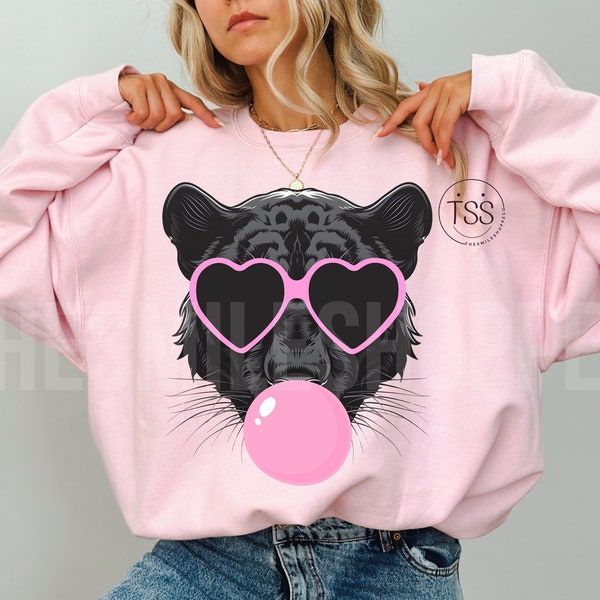 Panther blowing bubble png lion PNG Panther Mascot Preppy PNG Preppy  Mascot PNG black with pink heart glasses Shirt Sublimation Design