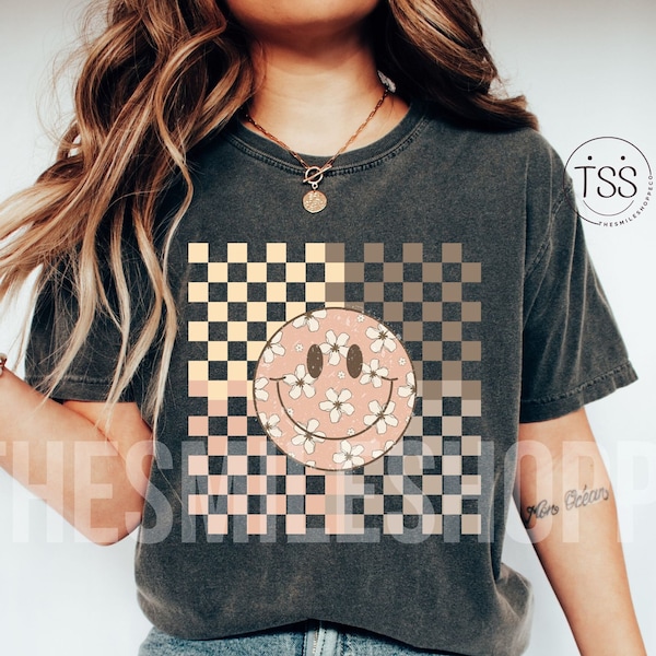 Retro Checkered Smile Face Png Tan checkers smile Distressed Smile Preppy Smile face happy face Vintage Boho smile png Sublimation Shirt