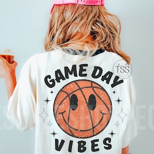 Game day vibes basketball png basketball vibes png Sourire joli maillot de l'équipe de basket-ball en détresse Emoji Clipart tendance sublimation PNG