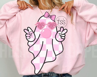 Cute Girly Ghost blowing bubble PNG Cute Ghost Fall Shirt Sublimation Design Digital Retro Fall PNG Retro halloween Checkered Ghost bow png