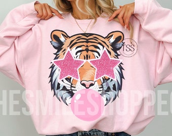 tiger blowing bubble png Tiger PNG Tigers Mascot Preppy PNG Preppy  Mascot PNG Pink Glitter Star Preppy Tigers Shirt Sublimation Design
