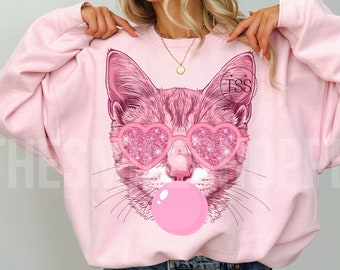 Cat blowing bubble png Cat PNG Cat Mascot Preppy PNG Preppy  Mascot PNG Pink Glitter heart Preppy Cat Shirt Sublimation Design