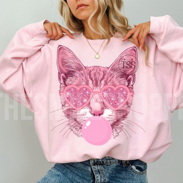 Cat blowing bubble png Cat PNG Cat Mascot Preppy PNG Preppy  Mascot PNG Pink Glitter heart Preppy Cat Shirt Sublimation Design