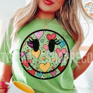 Preppy Valentine PNG Cara feliz retro afligida PNG Cara sonriente PNG Conversación Corazones Diseño de camiseta del día de San Valentín Smiley con pestañas png