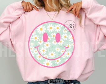 Retro Daisy Smile Face PNG: Floral Sublimation Design (PDF)