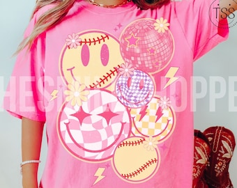 Retro Softball PNG: Smiley Face, Checker, Game Day (Digital Download)