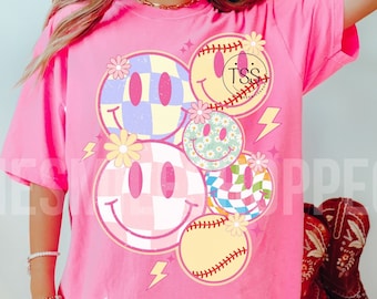 Retro Softball PNG: Smiley Face Sublimation Design (Digital Download)