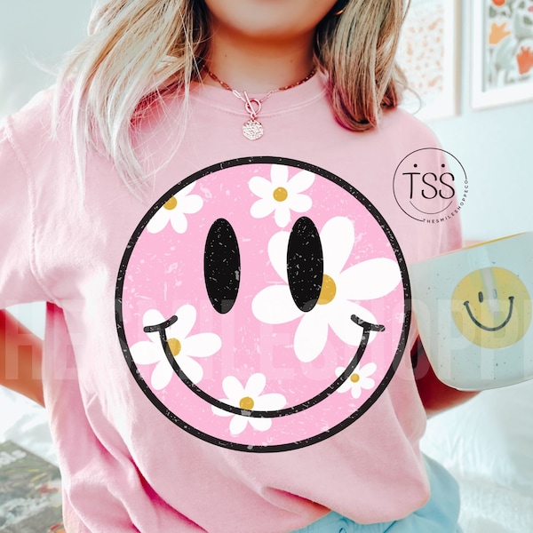 Distressed Smile Face PNG Retro Daisy flower png Stay groovy 70s inspired png Retro boho png Designs Digital download sublimation shirt