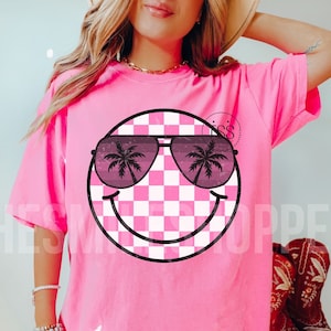 Retro Checkered Smile Face Png Beach Vibes Png Summer Png aviator sunglasses pink checkers Distressed Smile Boho smile png Sublimation Shirt