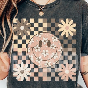 Checkered Smile Face Png Distressed Smile Daisy png boho floral  png Diasy smile daisy Preppy Smile Face Sublimation checkered png