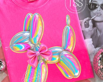 Iridescent Balloon Dog PNG: Coquette Pink Bow (Digital Download)
