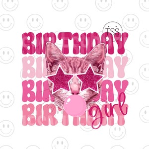 Anniversaire fille PNG chat soufflant des bulles png anniversaire chemise rose étoiles yeux lunettes faux paillettes chat chemise sublimation design prêt à imprimer