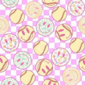 May include: A pink and white checkered background with various softball and smiley face designs. The designs include a yellow softball with red stitching, a yellow smiley face with pink eyes, a yellow smiley face with a floral pattern, and a yellow smiley face with a tie-dye pattern.