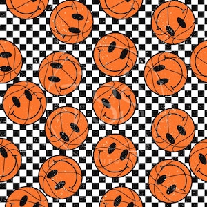 May include: A seamless pattern featuring orange basketballs with smiley faces on a black and white chequered background.