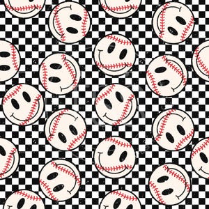 May include: A seamless pattern featuring white baseballs with red stitching and a smiley face design on a black and white chequered background.