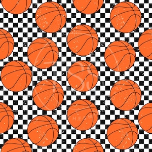 Puede incluir: Un patrón sin costuras que presenta balones de baloncesto naranjas con contornos negros sobre un fondo de cuadros negros y blancos.