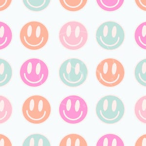 レトロカラーのハッピーフェイスシームレスパターン、ファブリックプリント昇華、安全な水泳用ファブリック用グルーヴィーなデジタルペーパーファイル、ピンク夏