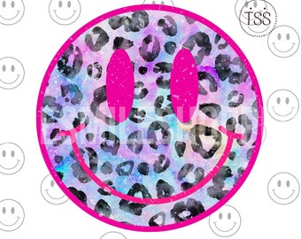 Leopard Print Smile Face PNG: Distressed Sublimation Design