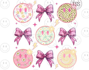 Preppy Pink Bows & Smiley Faces PNG: Leopard, Daisy, Glitter (Sublimation Design)