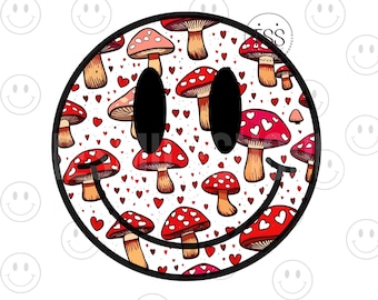 Valentine Mushroom Smile Face PNG: Retro Hearts Design (Digital Download)