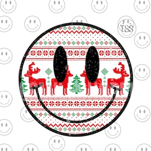 Gestrickte Weihnachten mit Rentier Lächeln Distressed Smile Gesicht PNG Merry Vibes PNG Sublimation Design Download Print Weihnachtscrew png