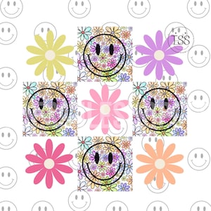 May include: A digital design featuring a repeating pattern of colorful daisies and smiley faces. The smiley faces are outlined in black and have black eyes. The daisies are in various colors, including pink, yellow, orange, and purple.