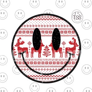 Gestrickte Weihnachten mit Rentier Lächeln Distressed Smile Gesicht PNG Merry Vibes PNG Sublimation Design Download Print Weihnachtscrew png