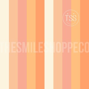 May include: A digital illustration of vertical stripes in shades of peach, orange, and cream. The text "TSS The Smile Shoppe Co." is in a circle with a smiley face in the center.