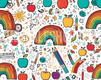 Modello senza cuciture per forniture scolastiche: matite arcobaleno su carta digitale (JPG, PNG)