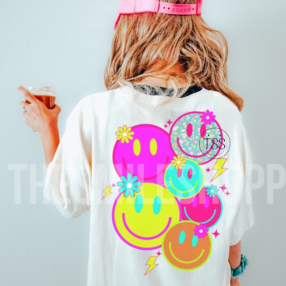 Retro Happy Face PNG: Neon Smiley Collage (Digital Download)