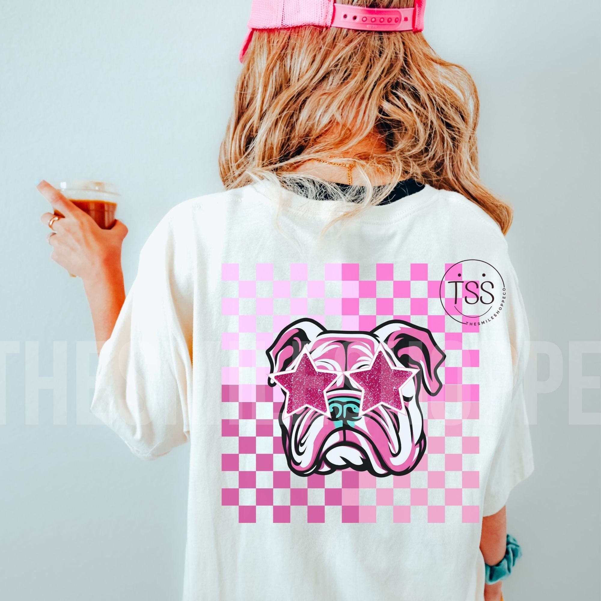 Checkered Bulldogs Mascot Preppy PNG Pink Glitter Star Preppy Bulldogs Shirt School Mascot Sublimation checkered png Bulldogs head Clip Art