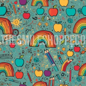 May include: A seamless pattern featuring a colorful rainbow, red, yellow, and green apples, pencils, stars, and other whimsical doodles on a teal background.