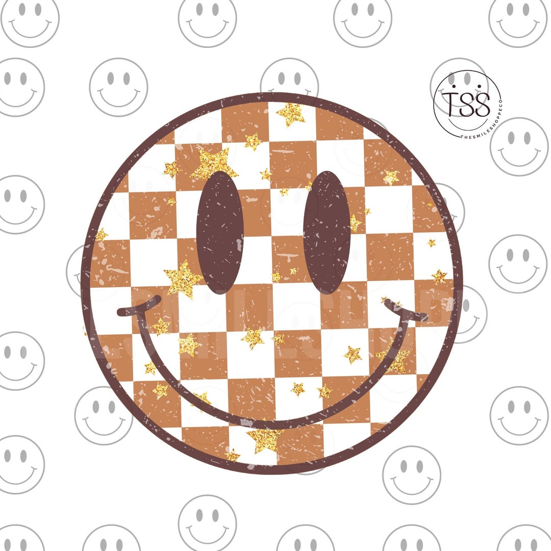 Retro Checkered Smile Face PNG: Distressed Boho Sublimation (digital ...