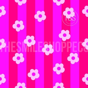 May include: A seamless pattern featuring pink and magenta vertical stripes with white stylized flower designs. The text "TSS The Smileshoppe Co." is in a circle in the top right corner of the image.