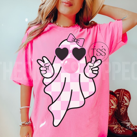 Cute Girly Ghost blowing bubble PNG Cute Ghost Fall Shirt Sublimation Design Digital Retro Fall PNG Retro halloween Checkered Ghost bow png