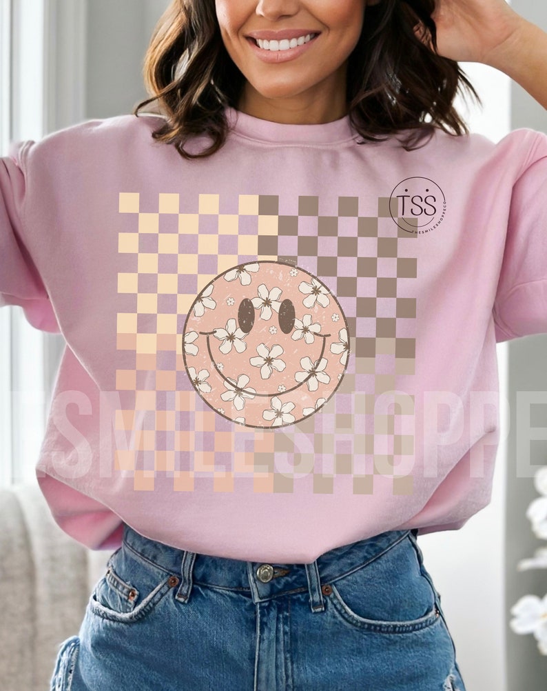 Retro Checkered Smile Face PNG: Boho Sublimation Design (digital ...
