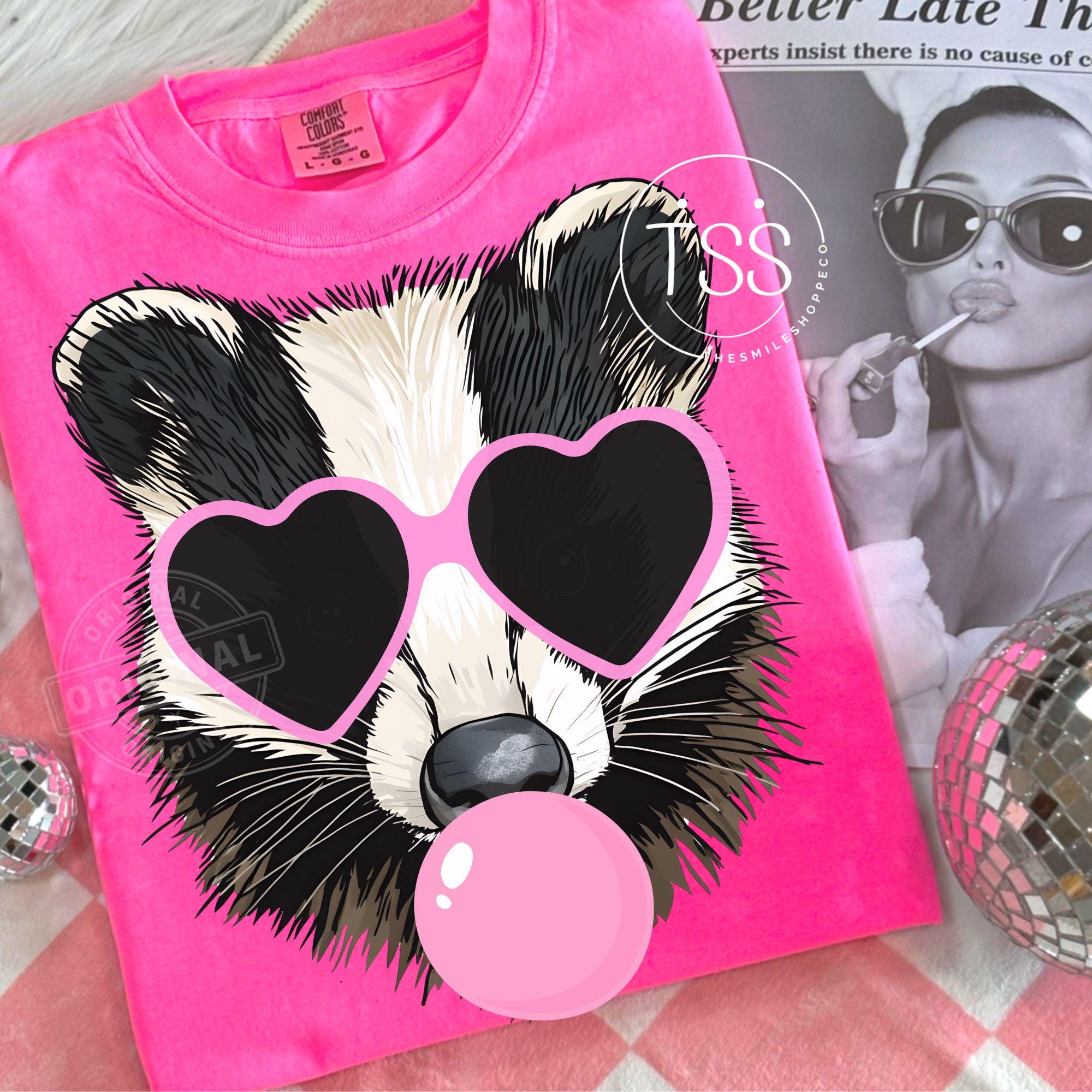 badger blowing bubble png badger  Mascot Preppy PNG Preppy  Mascot PNG black with pink heart glasses Shirt Sublimation Design