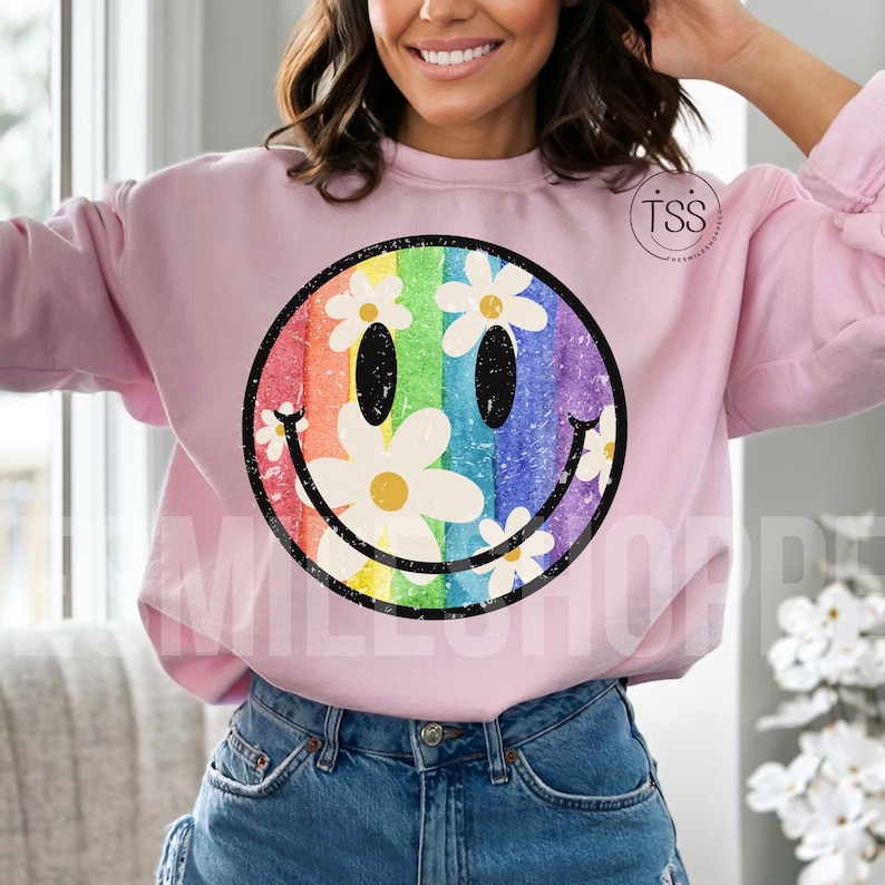 Distressed Smile Rainbow Png Daisy Png Retro Smile Face Sublimation ...