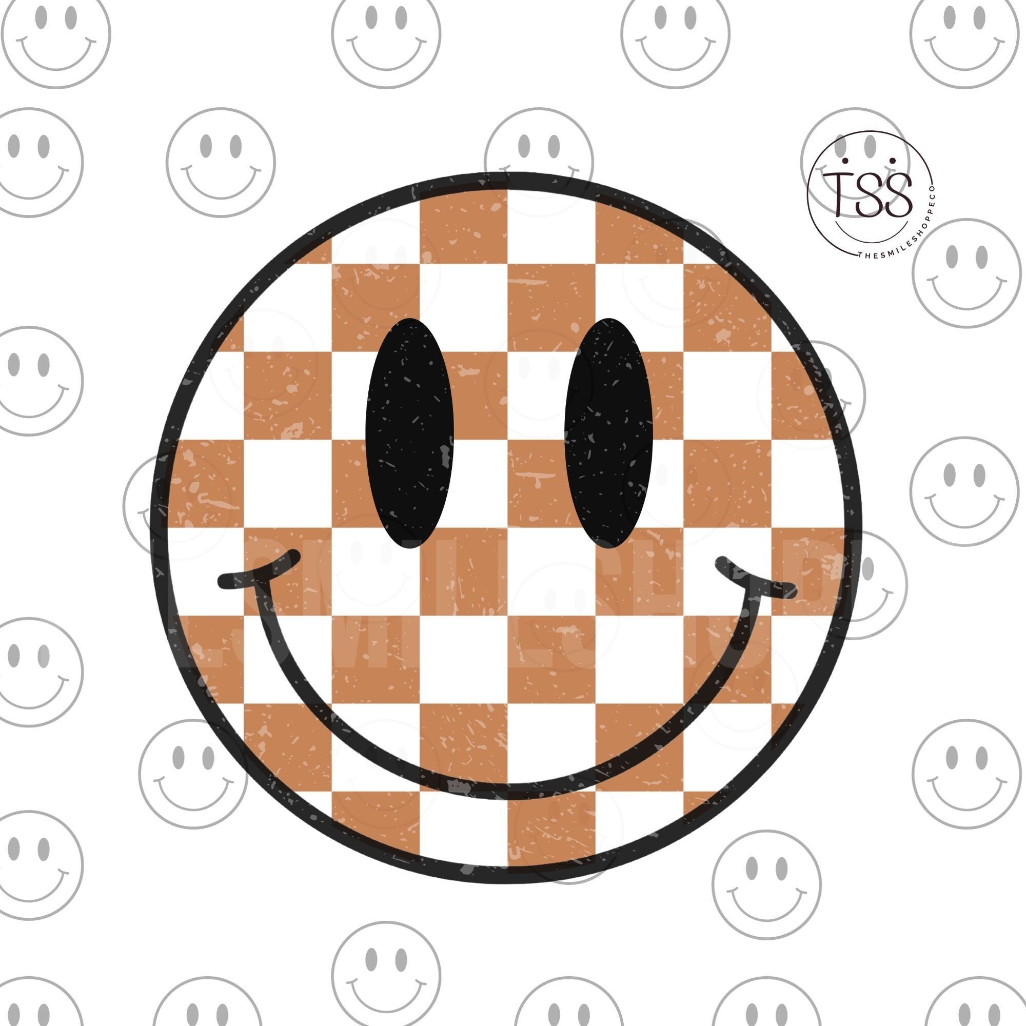 Retro Kariertes Lächeln Gesicht Png Tan Dame Lächeln Distressed Smile Preppy Lächeln Gesicht glückliches Gesicht Vintage Boho Lächeln png Sublimation Shirt